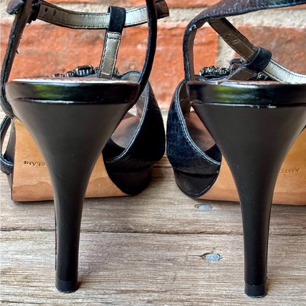 Antonio Melani Black Leather Embellished Beaded Heels Open Toe Sz 6.5M - Picture 5 of 11